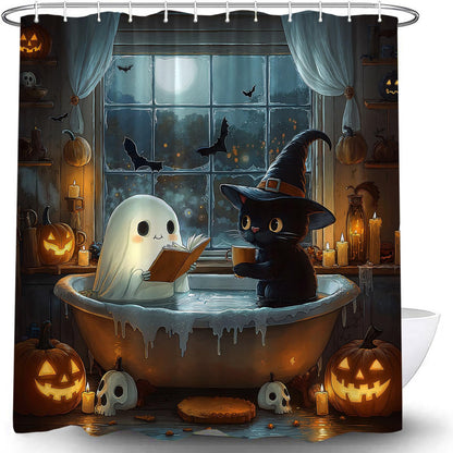 HUSPWP Halloween Funny Ghost Shower Curtain Spooky Gothic Cute Ghost Black Cat Reading in Bathtub Pumpkin Bat Skull Dark Horror Scary Goth Bat Creepy Holiday Fabric Bath Curtain with Hook