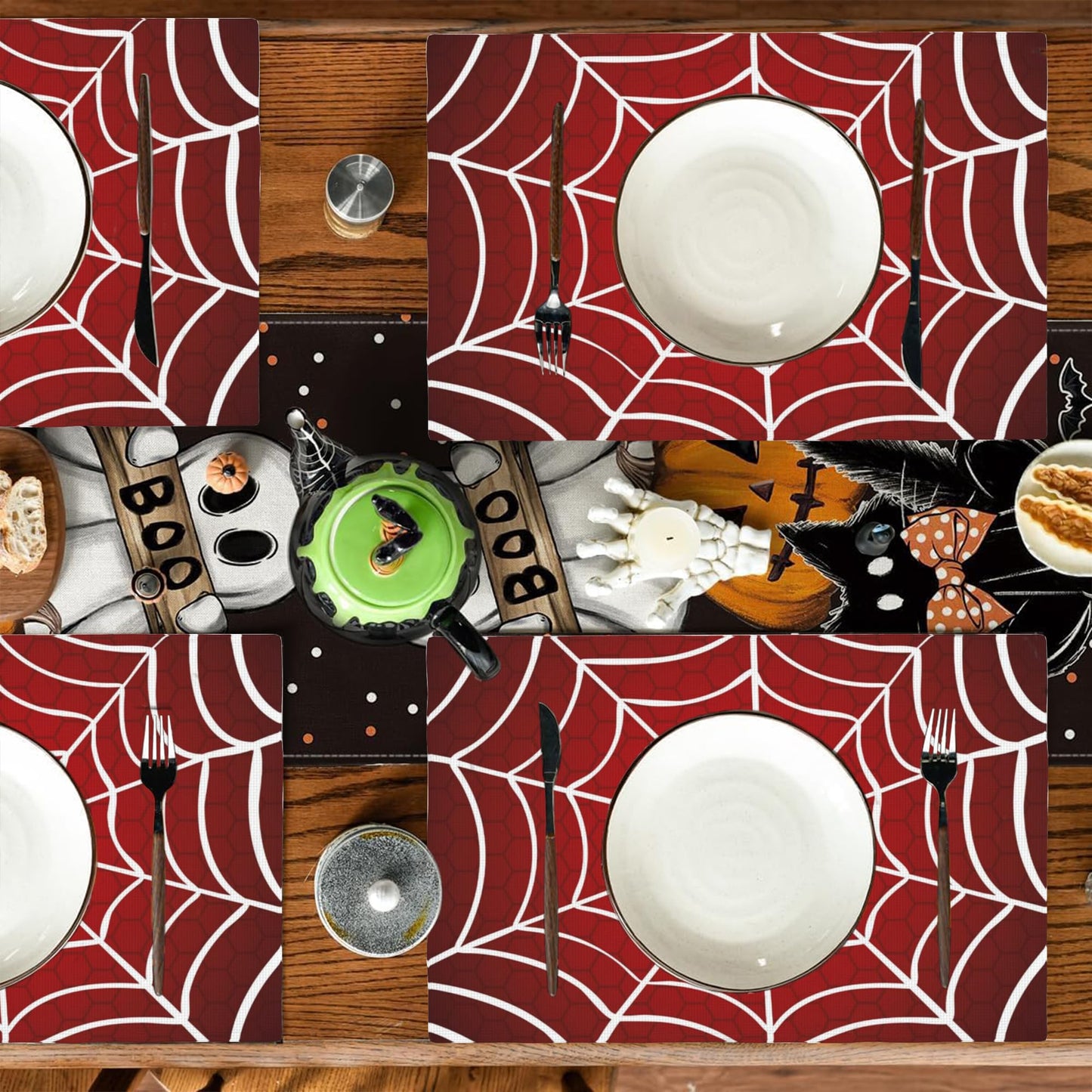 Halloween Red Cobweb Placemats Set of 4, Placemats Dining Table Mat Set,12x18 Washable Stain Resistant Wipeable Cloth Placemat for Kitchen Buffet Parties