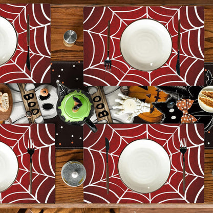 Halloween Red Cobweb Placemats Set of 4, Placemats Dining Table Mat Set,12x18 Washable Stain Resistant Wipeable Cloth Placemat for Kitchen Buffet Parties