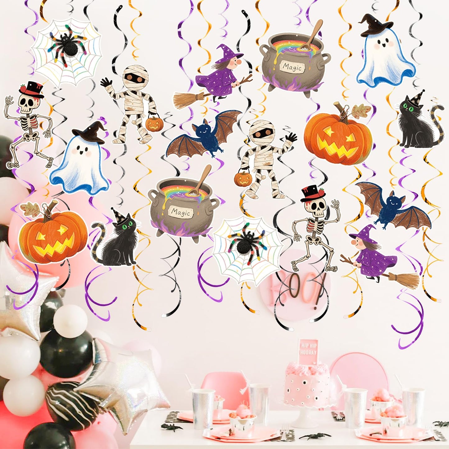 AimtoHome Halloween Hanging Party Decorations, 48 Pcs,Ceiling Decor Indoor Swirl Witches Cauldron Ghost Pumpkin Skull Cat Witch Party Supplies Sign,Black Purple Orange
