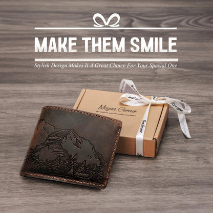 Mayan Corner - Mountain landscape handcrafted leather wallet, distress waxed leather gift, ID card slot bifold style