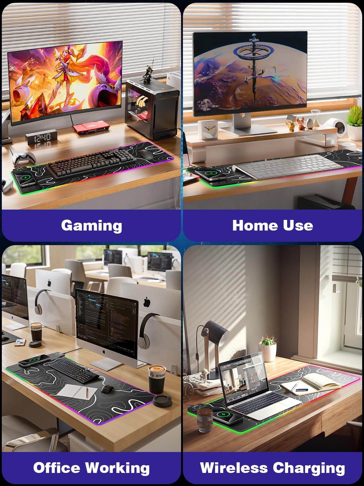 Wireless Charging Mouse Pad, RGB Gaming Mousepad, 31.5"x15.7" Extra Large Desk Pad, 13 Light Modes, Ultra-Smooth Surface, Non-Slip Base, Waterproof Computer Keyboard Mat for MacBook, PC, Laptop, Black