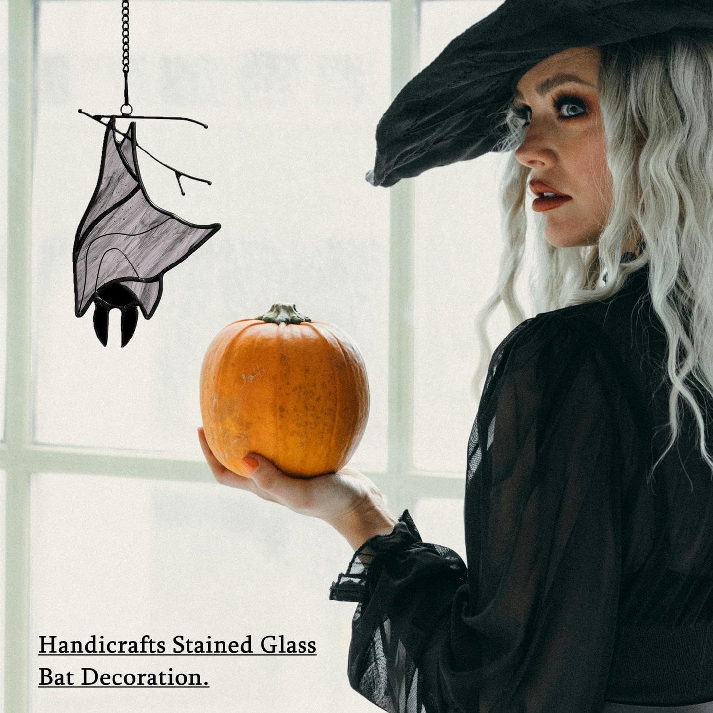 Lcensp Stained Glass Bat Decor Window Hangings Ornament, Gothic Bat Suncatcher Halloween Decorations Gifts, Handmade Occult Sun Catchers Indoor Window Home Decor