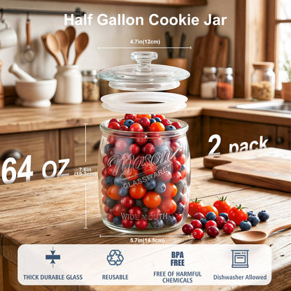 2 Pack Cookie Jar, 1/2 Gallon Glass Storage Containers with Airtight Lids, Wide Mouth Food Jars & Canisters for Kitchen, Pantry, Apothecary, Flour, Sugar, Sourdough Starter, Dog Treat, Half Gallon