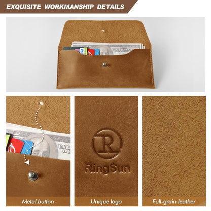 Ringsun Genuine Leather Cash Envelopes, Reusable Budget Envelope, Retro Clutch for Men & Women, Minimalist Wallet, Bourbon Brown