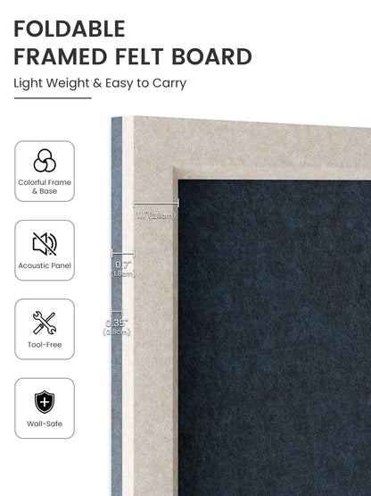 Fluxynara Foldable Cork Board Alternative, Felt Bulletin Board 35.4" x 23.6" Oatmeal Frame with 24 Adhesive Tabs, Pin Board for Home Office, Classroom, Entryway, Kitchen Wall Decor—Navy Blue
