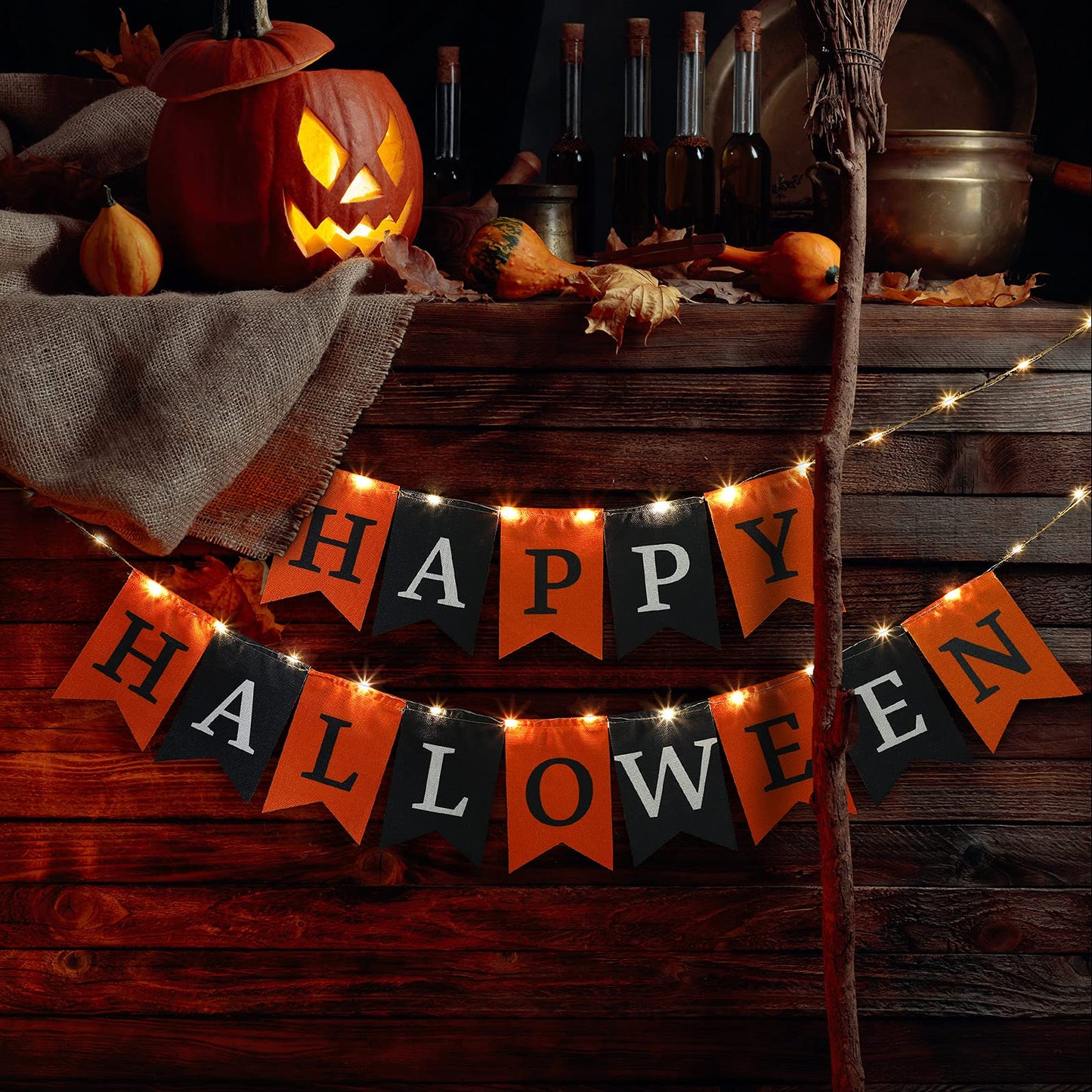Happy Halloween Decoration Fabric Banner with String Light for Fireplace - Black & Orange Halloween Flag Party Mantel Hanging Decoration Supplies