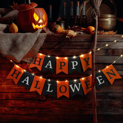 Happy Halloween Decoration Fabric Banner with String Light for Fireplace - Black & Orange Halloween Flag Party Mantel Hanging Decoration Supplies