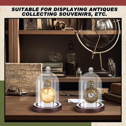 Beeveer 2 Pcs Clear Pocket Watch Glass Display with Hooks Dome Cloche with Wood Base Christmas Decorative Showcase for Watch Plants Medals Photos Collectibles(Reddish Brown,3" X 5",Heading Style)