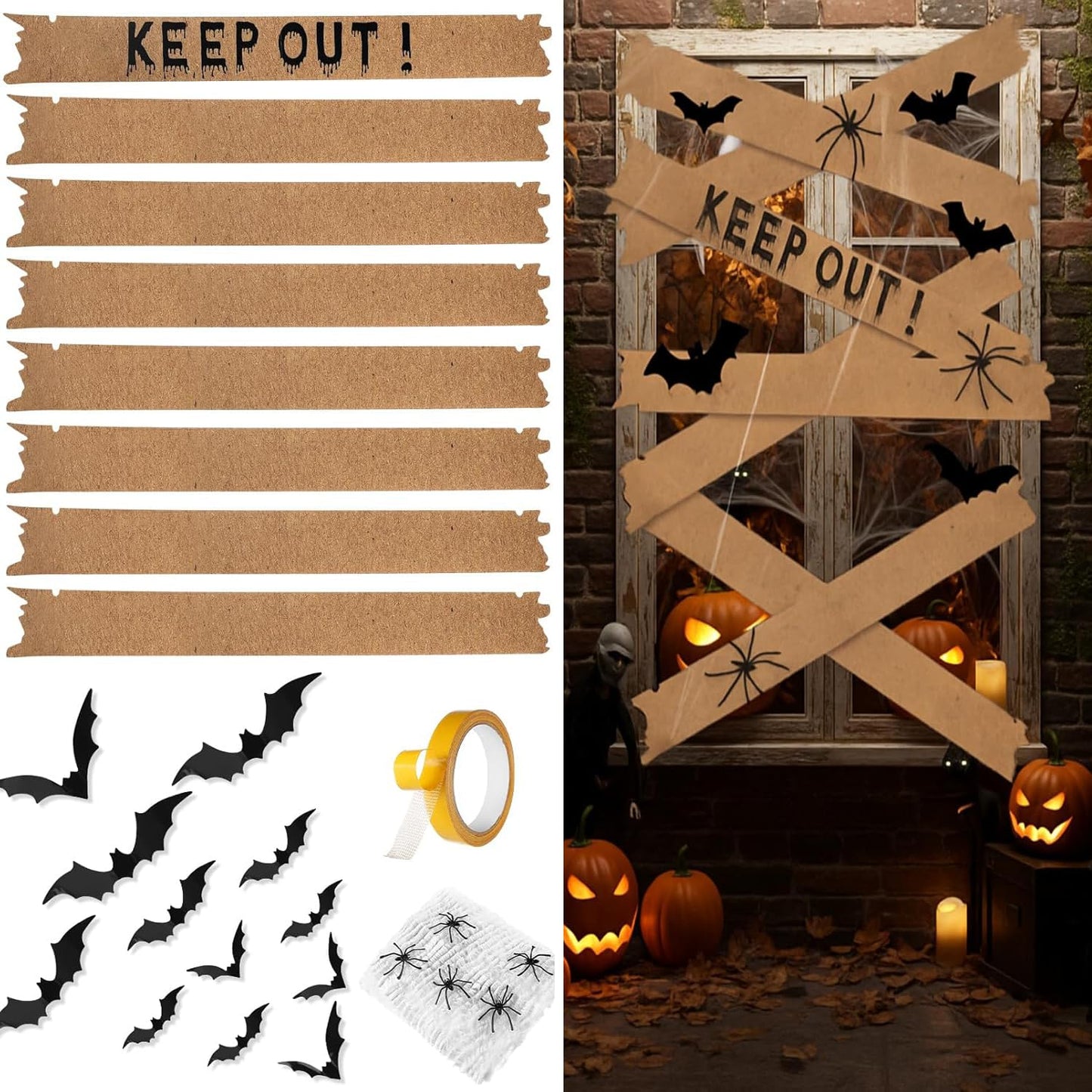 MotiMind Halloween Door Decorations Haunted Window Boards with "Keep Out" Board 3D Bat Stickers Simulation Spider Web Little Spider for Halloween Door Window Wall Terrifying Atmosphere Decor