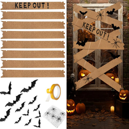 MotiMind Halloween Door Decorations Haunted Window Boards with "Keep Out" Board 3D Bat Stickers Simulation Spider Web Little Spider for Halloween Door Window Wall Terrifying Atmosphere Decor