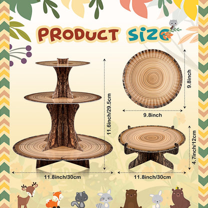 Sawysine 7 Pcs Woodland Cupcake Stand Set Woodland Baby Shower Decorations 3 Tier 2 Wooden Cupcake Stand 1 Rustic Cake 4 Rectangle Serving Tray Birthday Western Camping Hunting Supplies(Circle)
