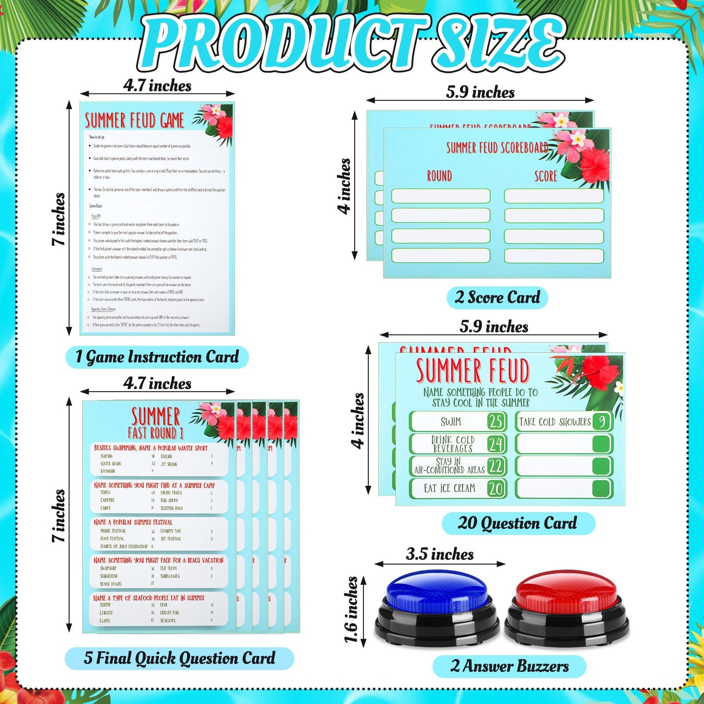 Soulchen Summer Friendly Feud Game with 2 Answer Buzzers, Feud Card for Family Game Night Fun Trivia Quiz for Party Office Class Groups Team Building