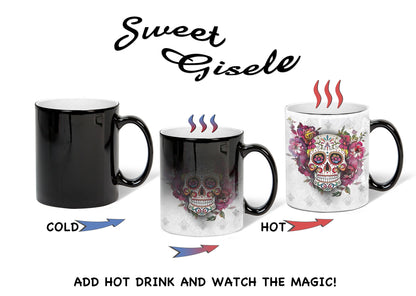 Sweet Gisele | Sugar Skull Mug | Heat Activated | Color Changing Coffee Cup | Floral Pattern Ceramic | Reveals Vivid Colors | Great Novelty Gift | White | 11 Fl. Oz