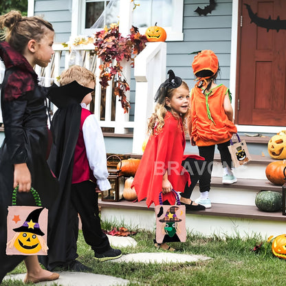 BravOne Halloween Trick or Treat Bags, 4 PCS Cute Pumpkin & Witch & Black Cat & Skeleton Halloween Candy Bucket For Kids - Small Reusable Burlap Tote Bag with Handles for Party Favor Supplies (#A)