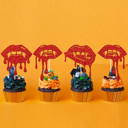 Halloween Vampire Cupcake Topper Red Have a Bite Cake Decorations 24PCS Double Sided Glitter Zombie Vampire Party Decorations Horror Theme Cake Picks for Halloween Birthday Party Supplies