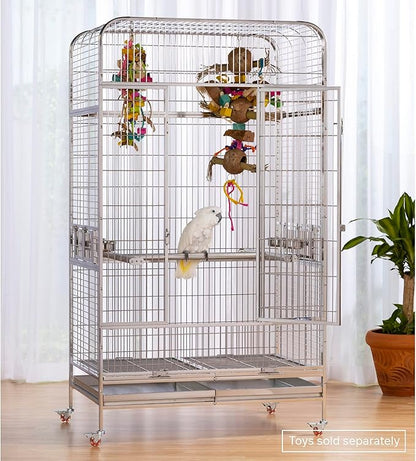 Prevue Pet Products Imperial Extra Large Stainless Bird Cage - Big Birdcage Ideal for Parrots, Cockatoos, Macaws, Included Perch and Cups, Durable Cage with Wheels - Gray, Extra Large
