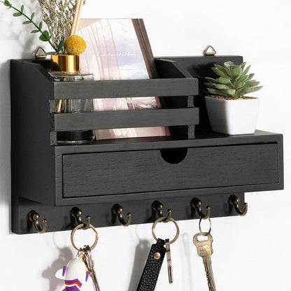 dreampossible Key and Mail Holder for Wall, Mail Organizer Wall Mount with 6 Hooks and Storage Drawer, Wooden Key Rack Hanger with Shelf for Entryway and Home Decor