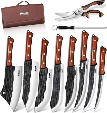 Huusk Butcher Knife Set, 10-Piece Hand Forged Chef Knife Set with Bag, Sharp Meat Cleaver & Bbq Carving Knives & Boning Breaking Knives for Kitchen & Camping, Fathers Day Gift for Men