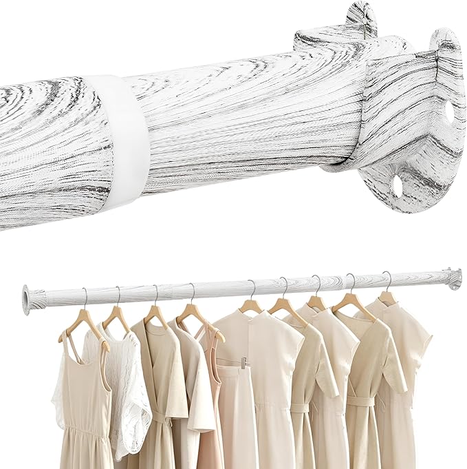 Closet Rod 17-63 Inches，1.3 Inch Diameter Heavy-Duty Adjustable Closet Rods for Hanging Clothes Closet Hanging Rod Metal Closet Poles for Wardrobes Laundry RV Bathroom（White Wood Grain Finish）
