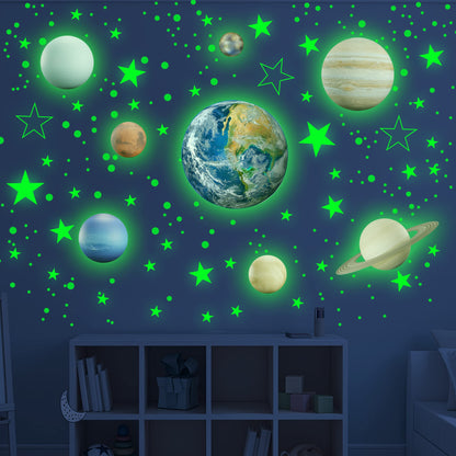 Glow in The Dark Stars Solar System Wall Decals, The Earth Wall Stickers for Bedroom, Baby Nursery Planets Sticker Decoration for Ceiling (Green)