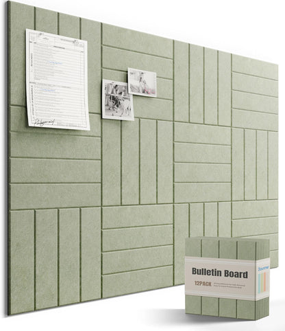 Bounmer Large Cork Board Alternative 48“ x 36”, 12-Pack Felt Bulletin Board Tiles with 60 Safe Removable Adhesive Tabs & 30 Pushpins, Cork Boards for Office Walls Decor (Sage)