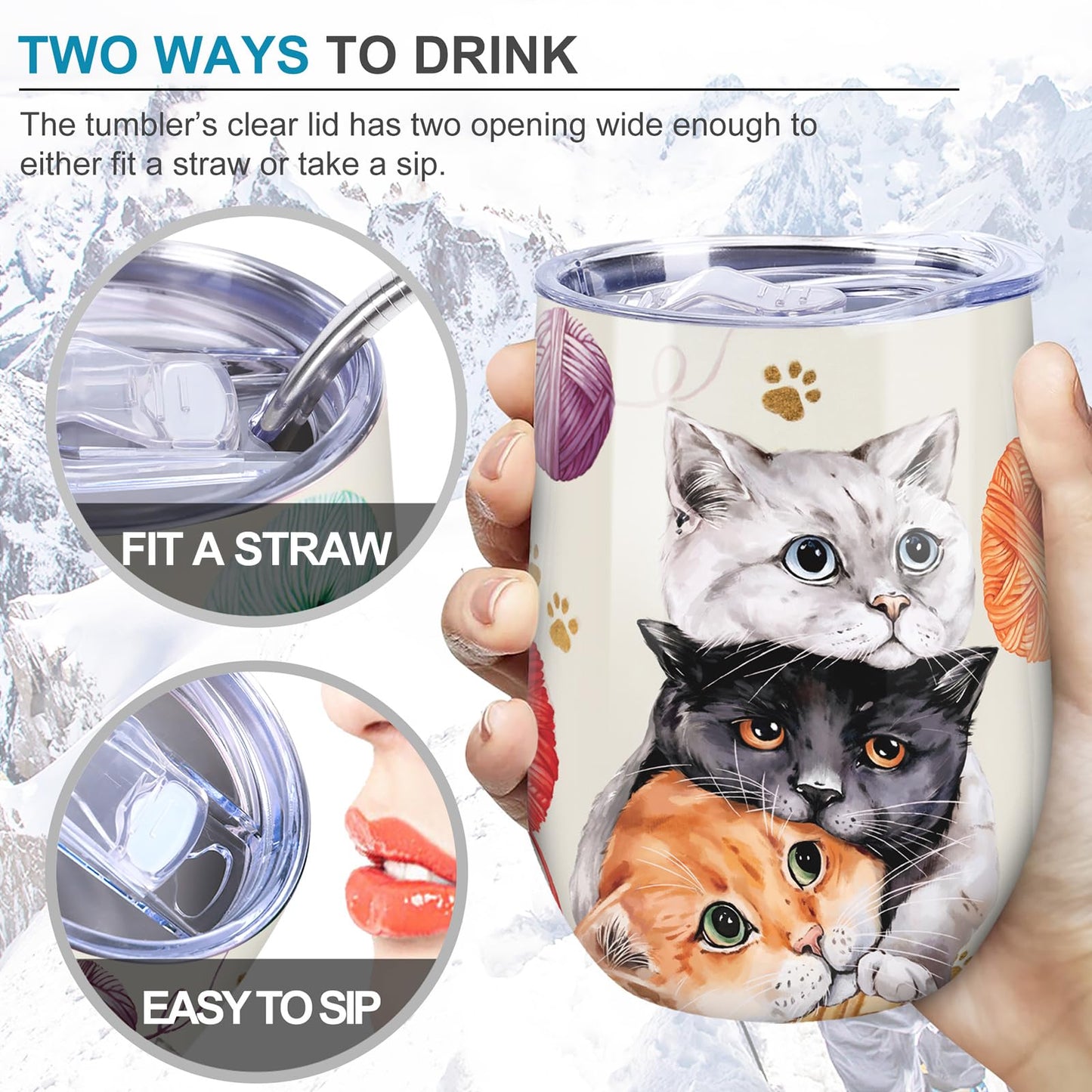 NymphFable 12oz Cat Cup Wine Tumbler With Straw and Lid Stainless Steel Travel Mug Insulated Double Wall