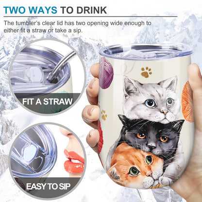 NymphFable 12oz Cat Cup Wine Tumbler With Straw and Lid Stainless Steel Travel Mug Insulated Double Wall
