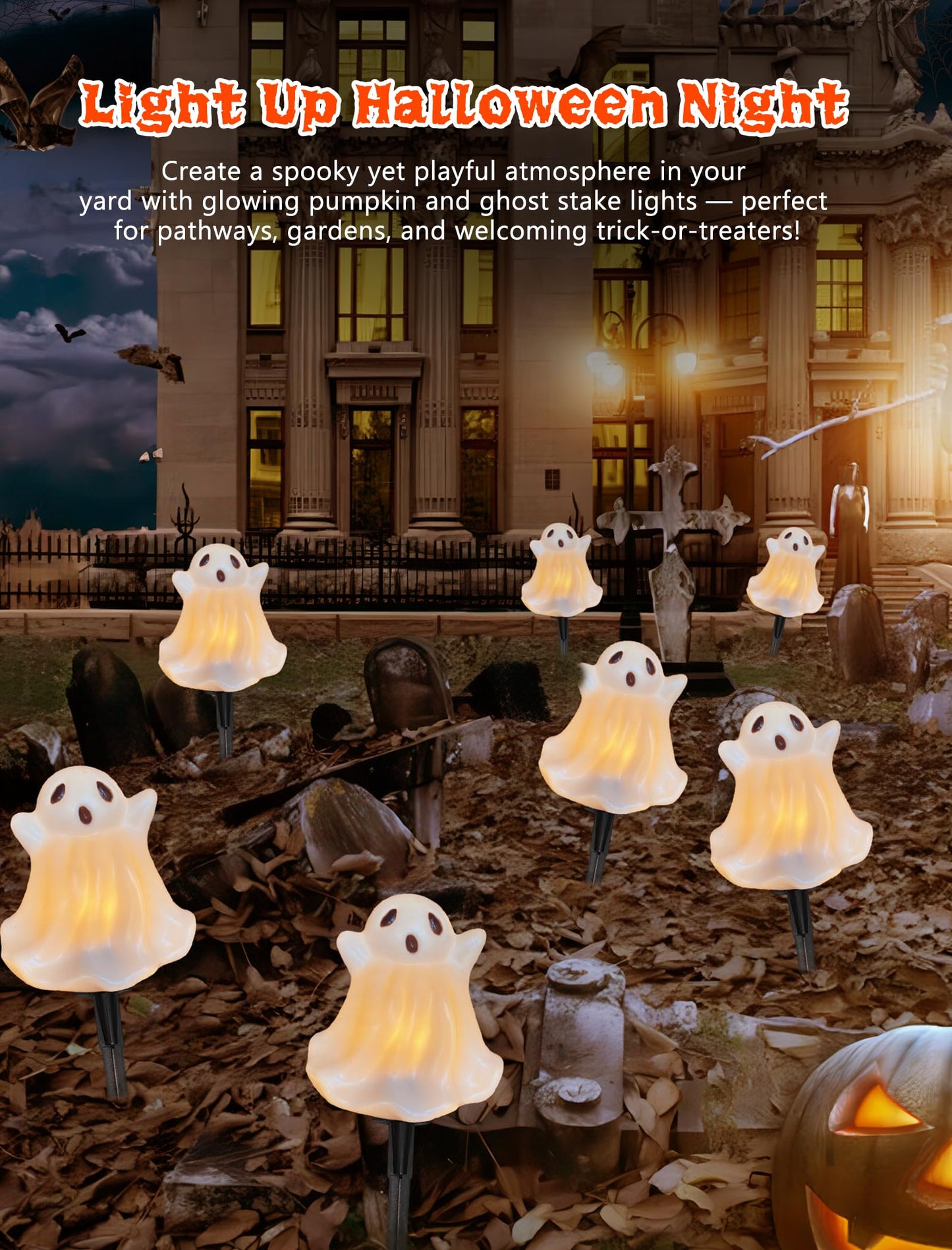 Halloween Pathway Lights Outdoor Decorations, 4PCS 3D Light-Up Ghost Garden Stake Lights, Waterproof Outdoor Lights for Yard, Lawn, Driveway, Halloween Decor