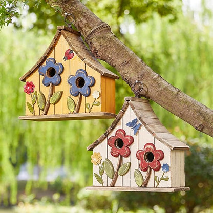 Glitzhome Hanging Birdhouses for Outside, 10.75" L Distressed Solid Wood Birdhouse with 3D Flowers Rustic Two-Story Townhouse Hand-Painted Bird Houses for Outdoors,Washed Yellow