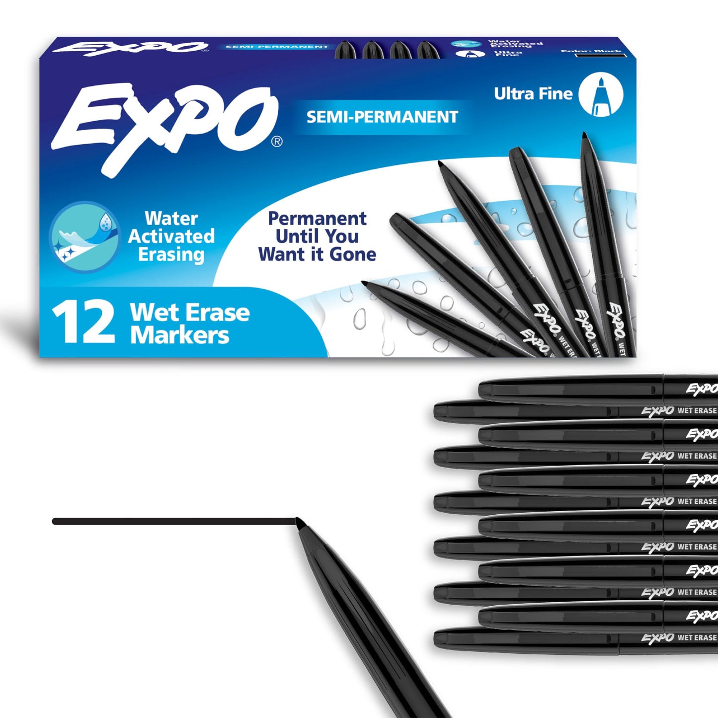 EXPO Wet Erase Markers, Semi-Permanent, Black, Ultra Fine Tip, 12 Count - For Writing on Glass, Whiteboards, Mirrors, Calendar, Labeling, Organizing (Pack of 12)