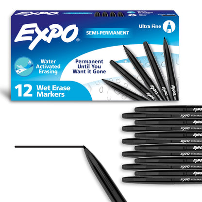EXPO Wet Erase Markers, Semi-Permanent, Black, Ultra Fine Tip, 12 Count - For Writing on Glass, Whiteboards, Mirrors, Calendar, Labeling, Organizing