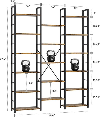 Shintenchi Triple Column 6 Tier Bookshelf, Industrial Large Bookcase Display Shelves, Large Etagere Bookshelf,Wide Book Shelf Book Case for Home & Office, Rustic Brown