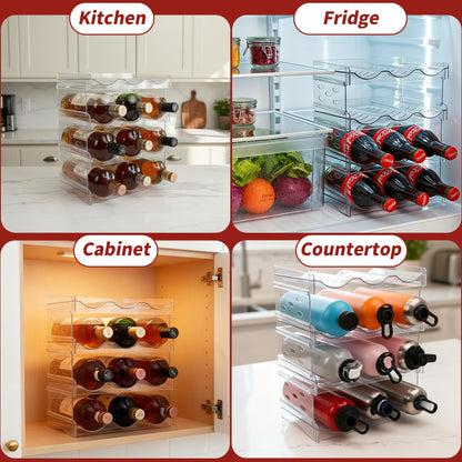EZ COZY Wine Rack, 4 Tier Water Bottle Organizer for Cabinet, Stackable Clear Wine Holder for Pantry, Refrigerator, Countertop Organization (12 Bottles)