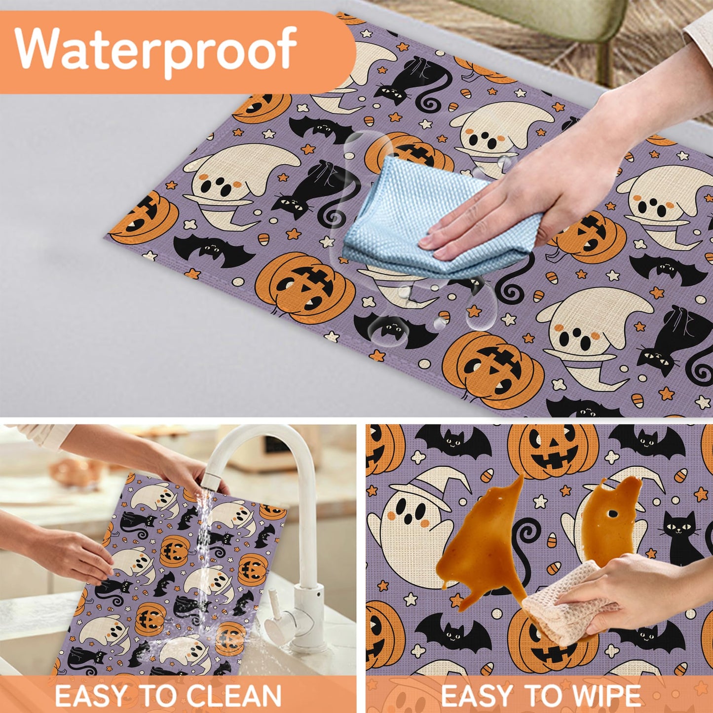 Halloween Ghosts Pumpkins Table Mats Set of 6,Black Cats Non-Slip Washable Placemats for Restaurant Home Kitchen Dinner Table 12x18Inch