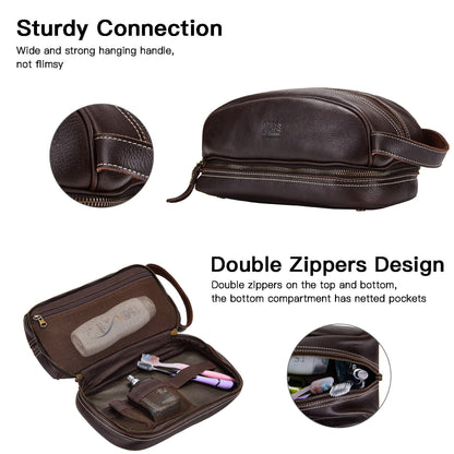 BRASS TACKS Leathercraft Travel Toiletry Organizer Dopp Kit Water-resistant Genuine Leather Shaving Bag for Toiletries Accessories For Men Women (Dark Brown)