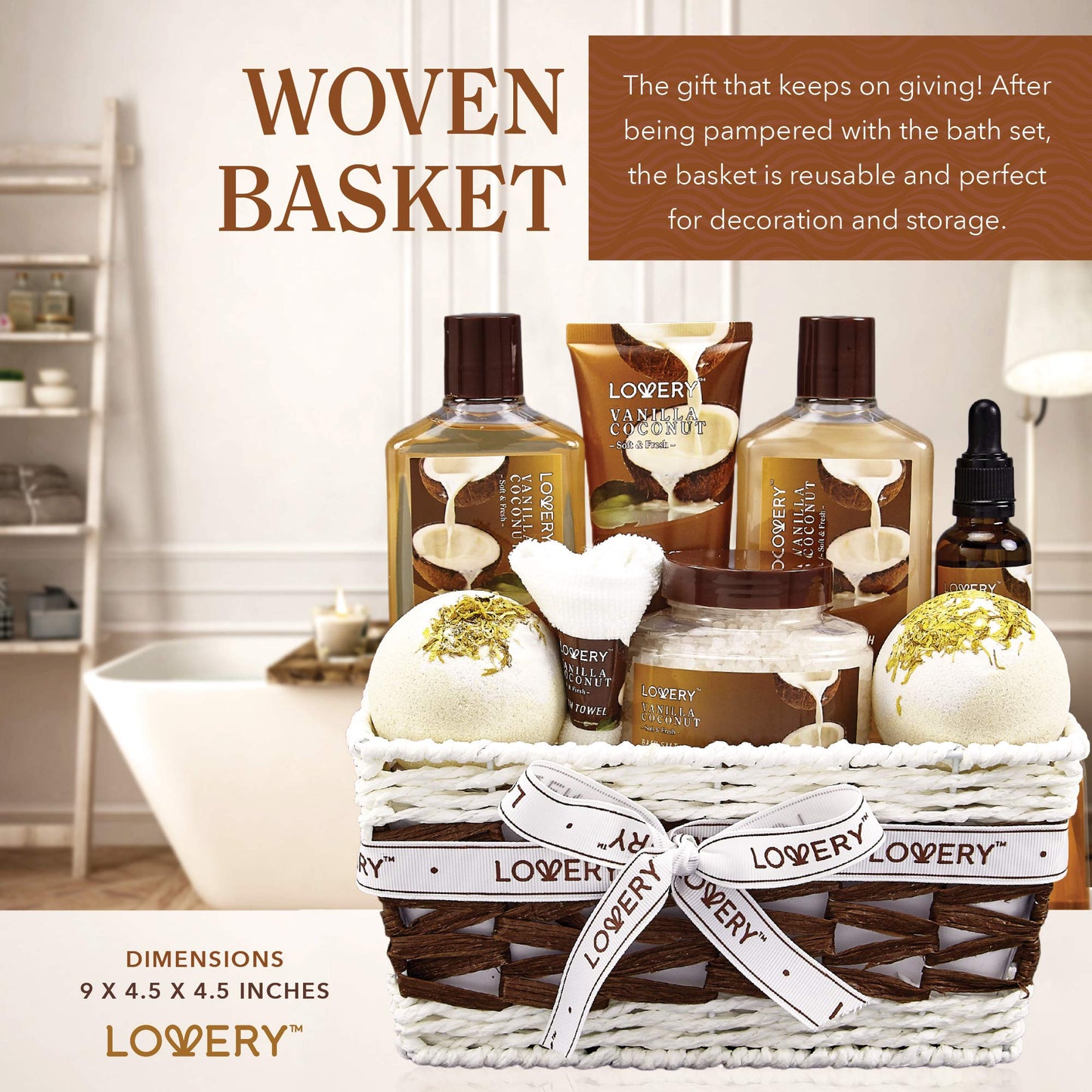 Gifts For Women Gift Basket for Women– 9 Piece Set of Vanilla Coconut Home Spa Set, Includes Fragrant Lotions, Extra Large Bath Bombs, Coconut Oil, Luxurious Bath Towel & More