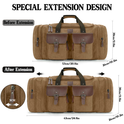 Densata Canvas Duffle Bag for Men 50L Travel Duffel Bags Expandable Genuine Leather Duffel Overnight Weekender Carry On Bag Two Zipper Pockets Travel Bag (Coffee, Large-50L)