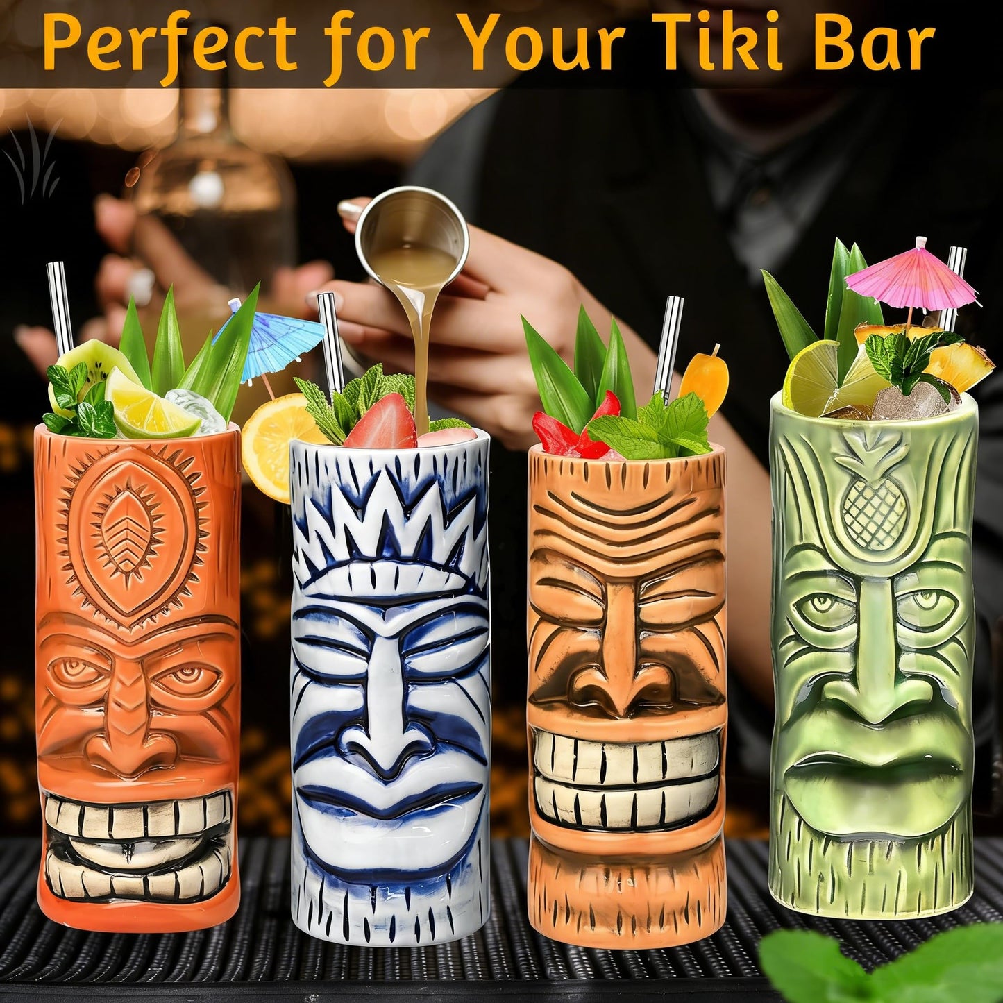 Tiki Mugs Set of 4 - Ceramic Tiki Glass Cocktail Cups, unique Cocktail Glasses, Bar Professional Hawaiian Mug and Halloween Christmas Party Barware