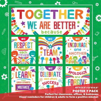 Sproutbrite 7 Educational Posters & Charts - Big Banner 13.5" x 39" Smaller 12" x 13.5" - Together We Are Better Banner & Teacher Posters - Bulletin Board and Wall Decor for Pre, Elementary and Middle School - Promotes Respect, Teamwork, and Positive Clas
