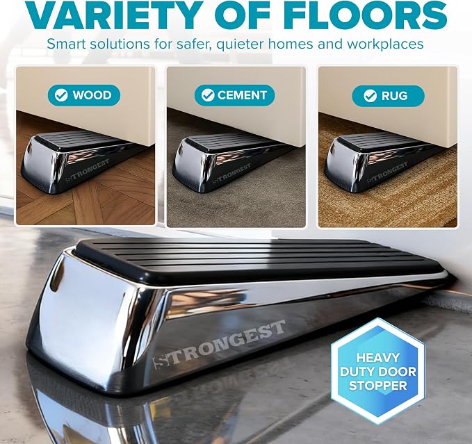 Strongest Home Heavy Duty Door Stopper Wedge (10 Chrome PCs) | Non-Slip Rubber and Metal Door Stop for Heavy Doors| Work on Wood, Tile, Carpet + 10 White Wall Protectors