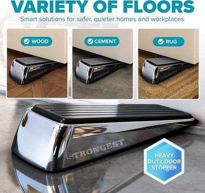 Strongest Home Heavy Duty Door Stopper Wedge (10 Chrome PCs) | Non-Slip Rubber and Metal Door Stop for Heavy Doors| Work on Wood, Tile, Carpet + 10 White Wall Protectors