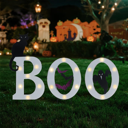 Prsildan 3 Pack Halloween Decorations Outdoor -Solar Powered Lighted Boo Yard Sign with Bats, Cat & Ghost, Waterproof Metal Lawn Stakes for Front Yard, Porch, Garden - Spooky Halloween Party Decor