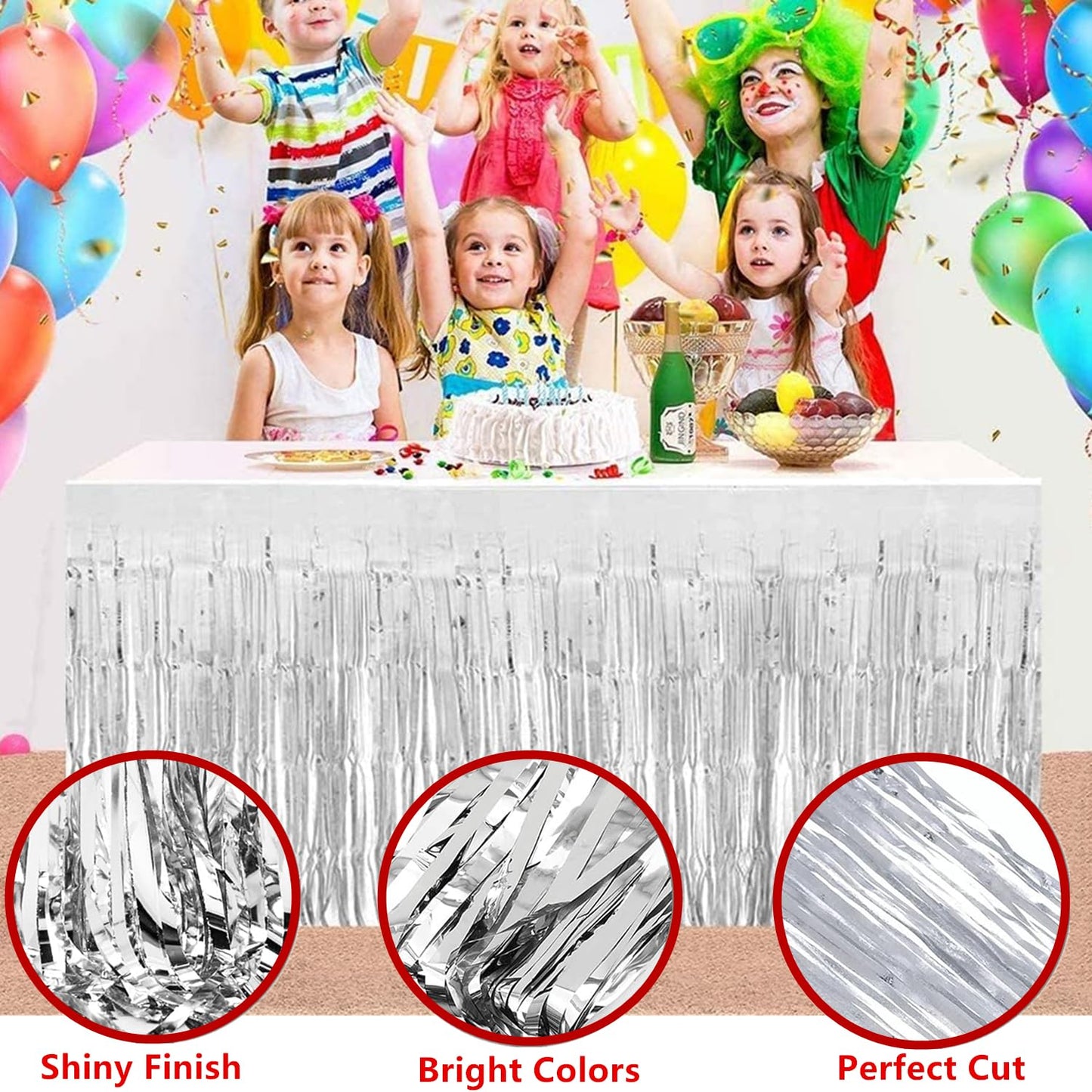 6 Pack Metallic Foil Fringe Tinsel Table Skirt, antfees 29.5''x108'' Disposable Party Table Skirt Banner for Rectangle Tables, Wedding, Birthday, Parade Floats, Party Decoration (Silver)
