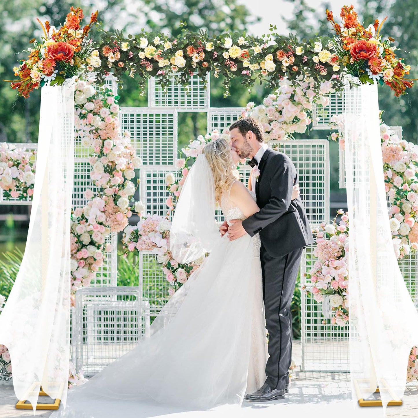 YIJXPOIN 8FT Wedding Arch Backdrop Stand, Gold Square Back Drop Adjustable Stand Metal Arch Heavy Duty Backdrop Stand Kit Frame for Party Wedding Birthday Photobooth Decorations