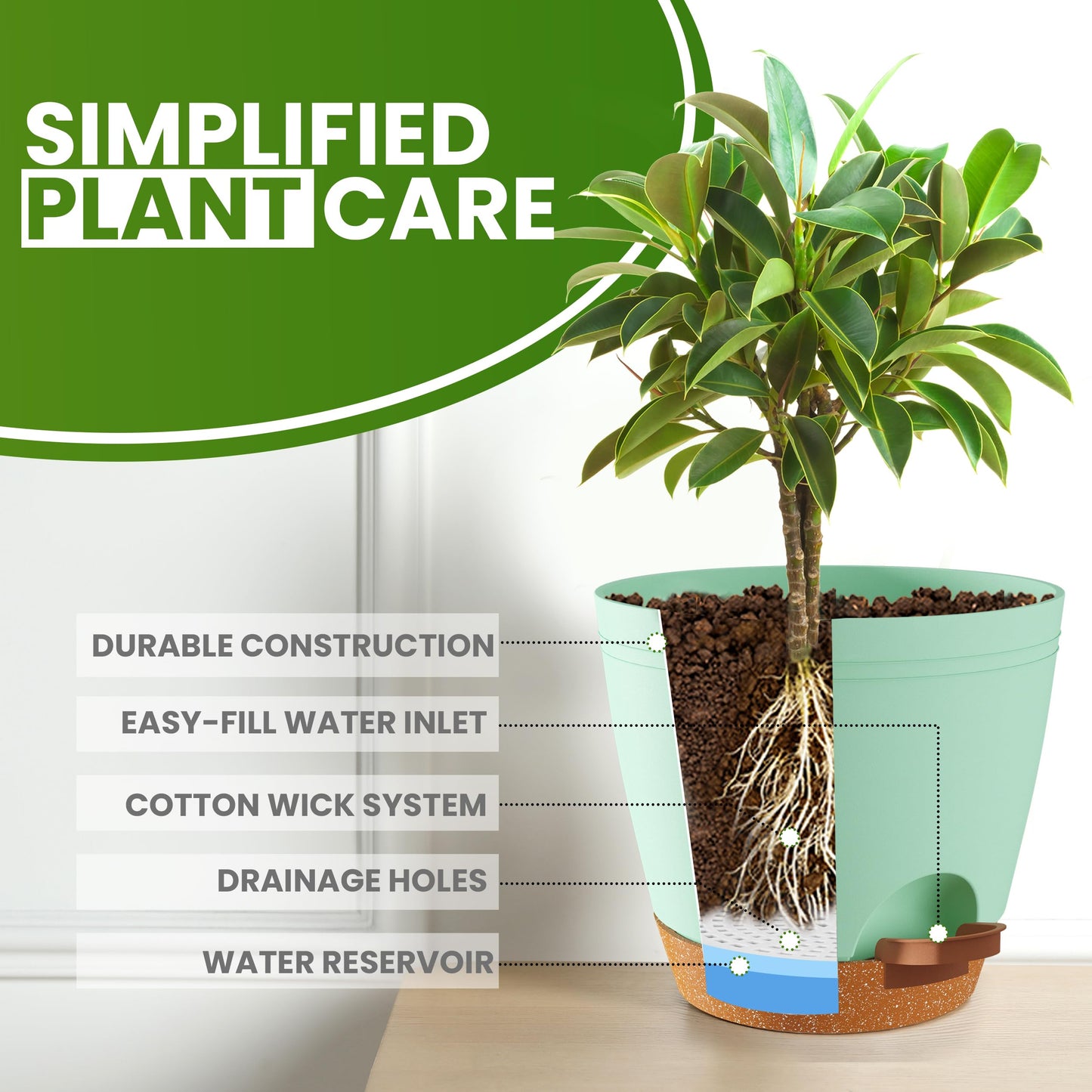 Utopia Home Self Watering Pots for Indoor Plants, Planters for Indoor Plants, Multi-Size Flowerpot, Set of 5 Plant Pots with Drainage & Reservoir, 6.8"/6.4"/5.9"/5.5"/4.9" (Olive Green)