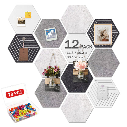 12 Pack Hexagon Cork Board, Modern Grayscale & Hexagon Felt Bulletin Board with 70 Pins, 11.8x10.2 Felt Board,for Home Office Decor Wall Art & Vision Board with Cut-Out Designs