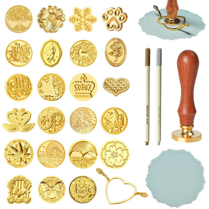 BATHRINS Wax Seal Stamp Kit-23Pcs Sealing Stamp Heads,Wooden Handle,Metal Seal Mold,Silicone Mat,Color Pen for Party Wedding Invitation Cards Envelopes Gift Wrapping Letter