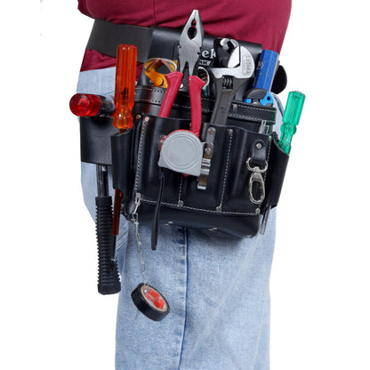 VEEKAY Tool Pouch for Electricians - 10 Pocket Leather Organizer for Electricians, Carpenters & Construction Workers, Professional Leather Tool Pouch, Durable, Professional Heavy Duty Pouch - Black