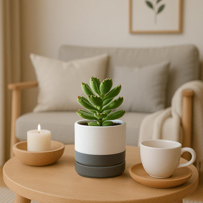D'vine Dev Set of 4 Small Ceramic Plant Pots, 4.7 Inch Succulent Planter Pot for Plants with Drainage Hole and Saucer, White/Speckled Grey, 94-X-B-6